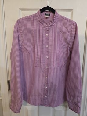 J. Crew Pink and White Striped Ruffle-Neck Button-Down Shirt